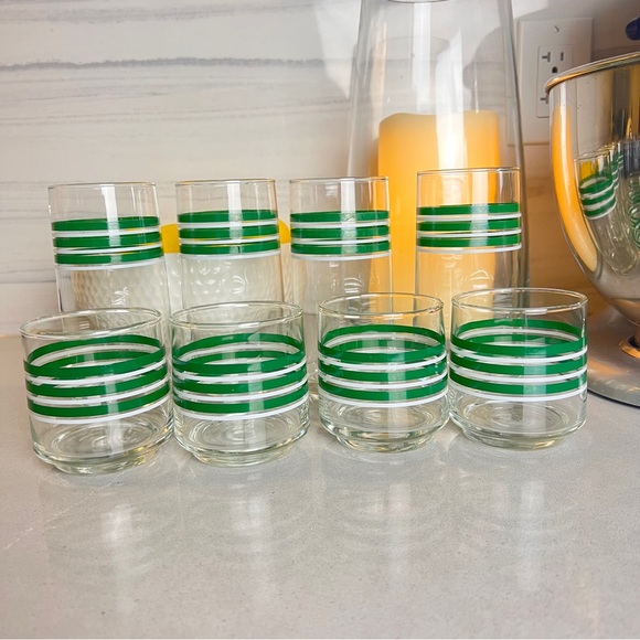 Libbey Other - Libbey Vintage Green & White Striped Glasses Highball & Lowball Set of 8 1970's